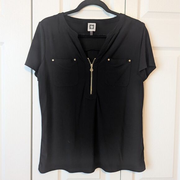 Anne Klein Black Short Sleeve Blouse | Women’s Medium Gold Zipper and Pockets - Picture 1 of 5